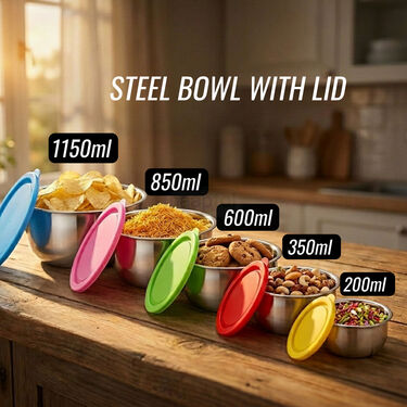 5 Pcs Airtight Stainless Steel Bowl With Multicolour Lid (5MLB1)