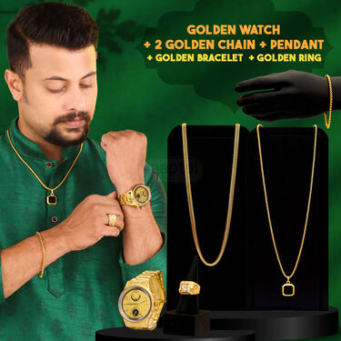 Golden Watch + 2 Chain + Bracelet + Ring (MGW2CBR9)