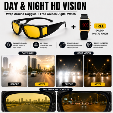 Day & Night HD Vision Wrap Around Goggles + Free Golden Digital Watch