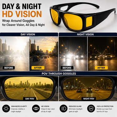 Day & Night HD Vision Wrap Around Goggles + Free Golden Digital Watch