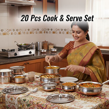 20 Pcs Copper Coated Cook & Serve Set + 5 Kitchen Tools + Chopping Board & Knife Set (20CC1A)