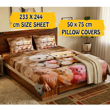3d Dreamy Teddy Couple Bedsheets With 2 Pillow Covers (DBS37)