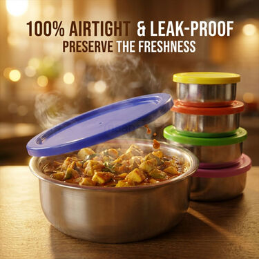 5 Pcs Airtight Stainless Steel Bowl With Multicolour Lid (5MLB1)