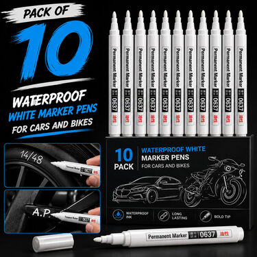 Pack of 10 Waterproof White Marker Pens For Cars and Bikes (STA3)