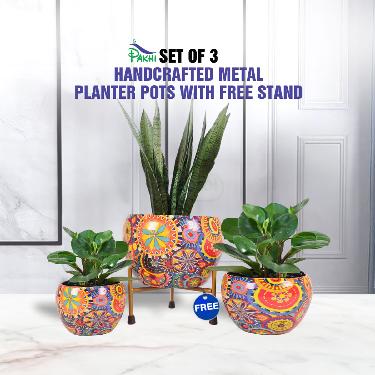Set of 3 Designer Metal Planter Pots With Stand (3MP1)