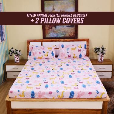 Animal Printed Fitted Double Bed sheet with 2 Pillow Covers (DBS20)
