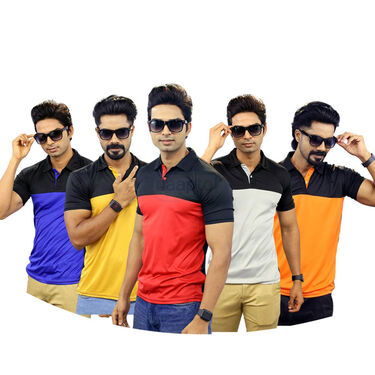 Pack Of 5 Summer Cool Collar T-Shirts With Pocket + FREE Stylish Watch + Leatherite Wallet + Sunglasses (5PTW6)