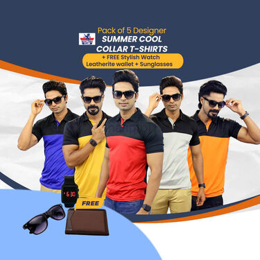 Pack Of 5 Summer Cool Collar T-Shirts With Pocket + FREE Stylish Watch + Leatherite Wallet + Sunglasses (5PTW6)