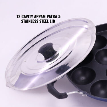 12 Cavity Nonstick Appam Patra with Lid + Stainless Steel Medu Vada Maker + Free Mini Coconut Scraper (1AP1MW4)
