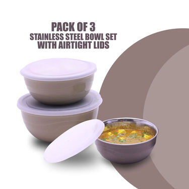 Pack of 3 Stainless Steel Bowl Set With Airtight Lids (3MB1)