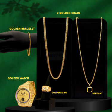 Golden Watch + 2 Chain + Bracelet + Ring  (MGW2CBR9)