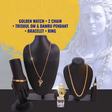 Golden Watch + 2 Chain +  Trishul om & Damru Pendant + Bracelet + Ring ( MGW2CBRP3)