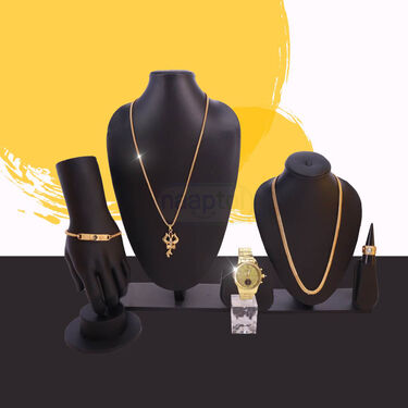 Golden Watch + 2 Chain +  Trishul om & Damru Pendant + Bracelet + Ring ( MGW2CBRP3)