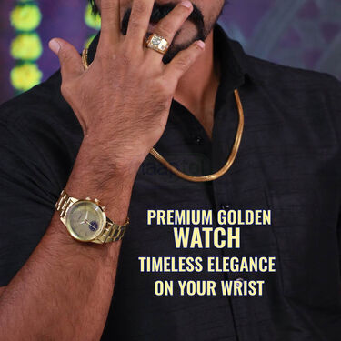 Golden Watch + 2 Chain +  Trishul om & Damru Pendant + Bracelet + Ring ( MGW2CBRP3)