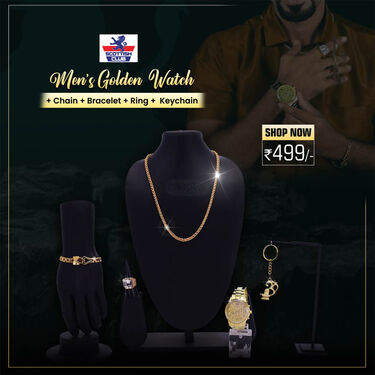 Men's  Golden Watch +  Chain +  Damru Trishul & Rudraksh Bracelet + Ring  + Om Keychain (MGWCBRK1)