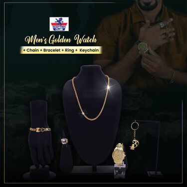 Men's  Golden Watch +  Chain +  Damru Trishul & Rudraksh Bracelet + Ring  + Om Keychain (MGWCBRK1)