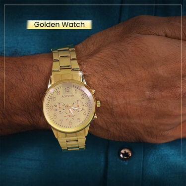 Men's  Golden Watch +  Chain +  Damru Trishul & Rudraksh Bracelet + Ring  + Om Keychain (MGWCBRK1)