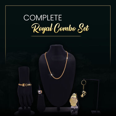 Men's  Golden Watch +  Chain +  Damru Trishul & Rudraksh Bracelet + Ring  + Om Keychain (MGWCBRK1)