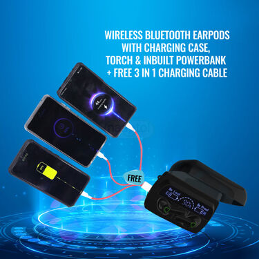 Wireless Bluetooth Earpod With Charging Chase Torch & Inbuilt Powerbank + FREE 3 In 1 Charging Cable (TWS62)